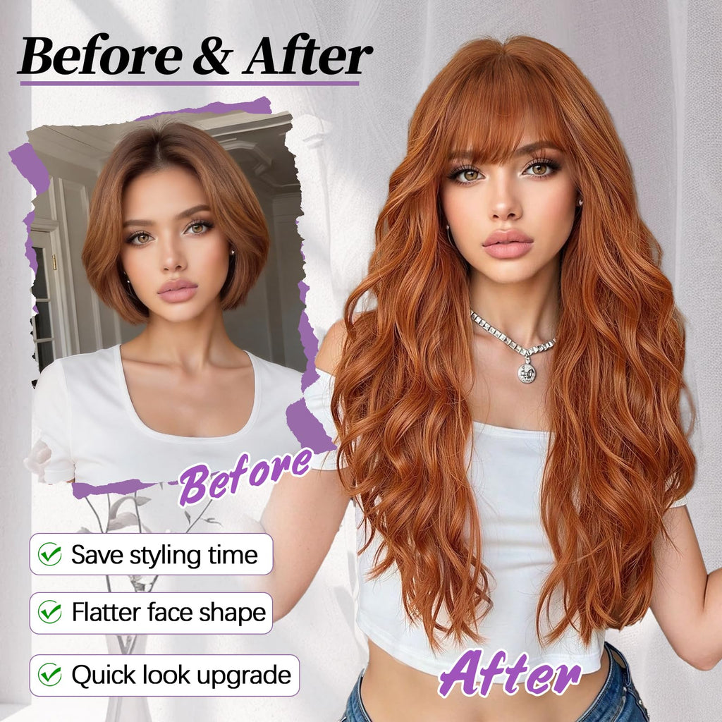 Lativ Ombre Blonde Brown Wig with Bangs Long Wavy Curly Wig with Brown End