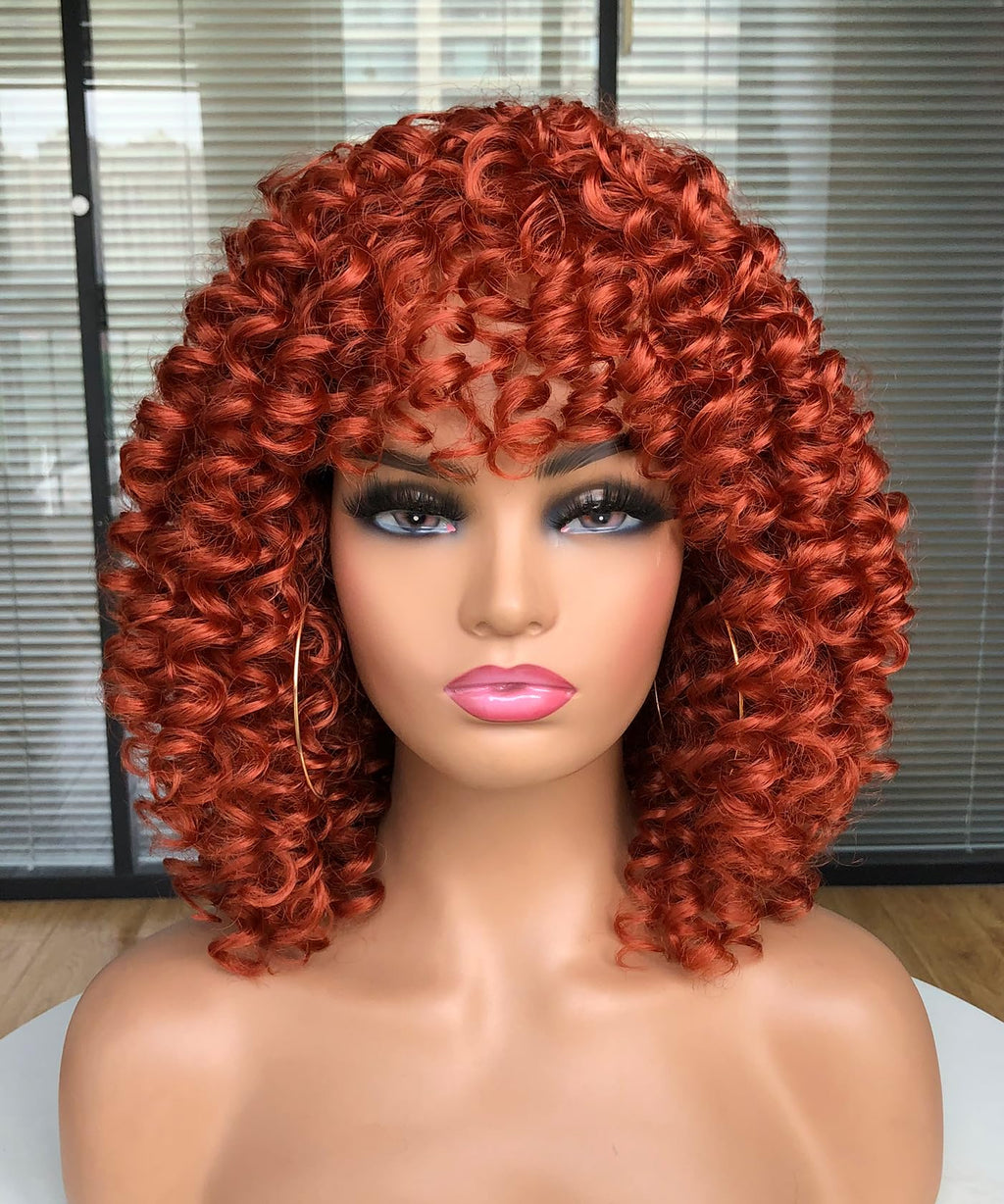 Curly Afro Wigs for Black Women Kinky Curly Wig with Bangs Synthetic Fiber Natural Looking Glueless Hair for Daily Wear