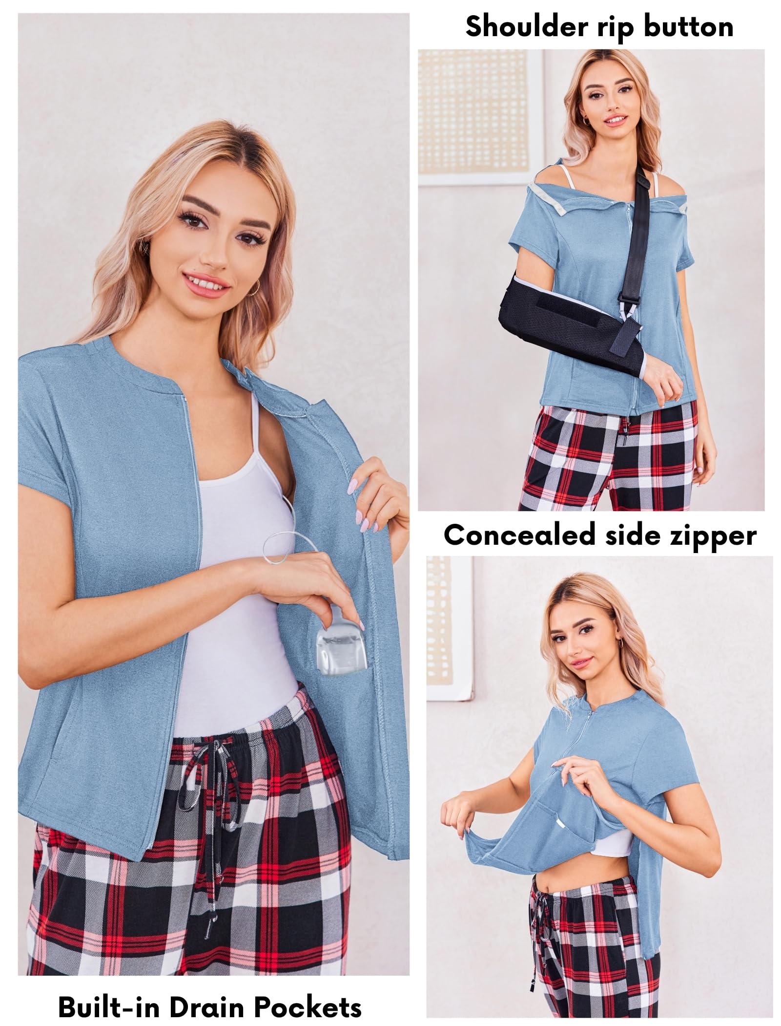 Deyeek Mastectomy Shirts with Drain Pockets Post Shoulder Surgery Tops for Women Chemo Port Short Sleeve with Zippers