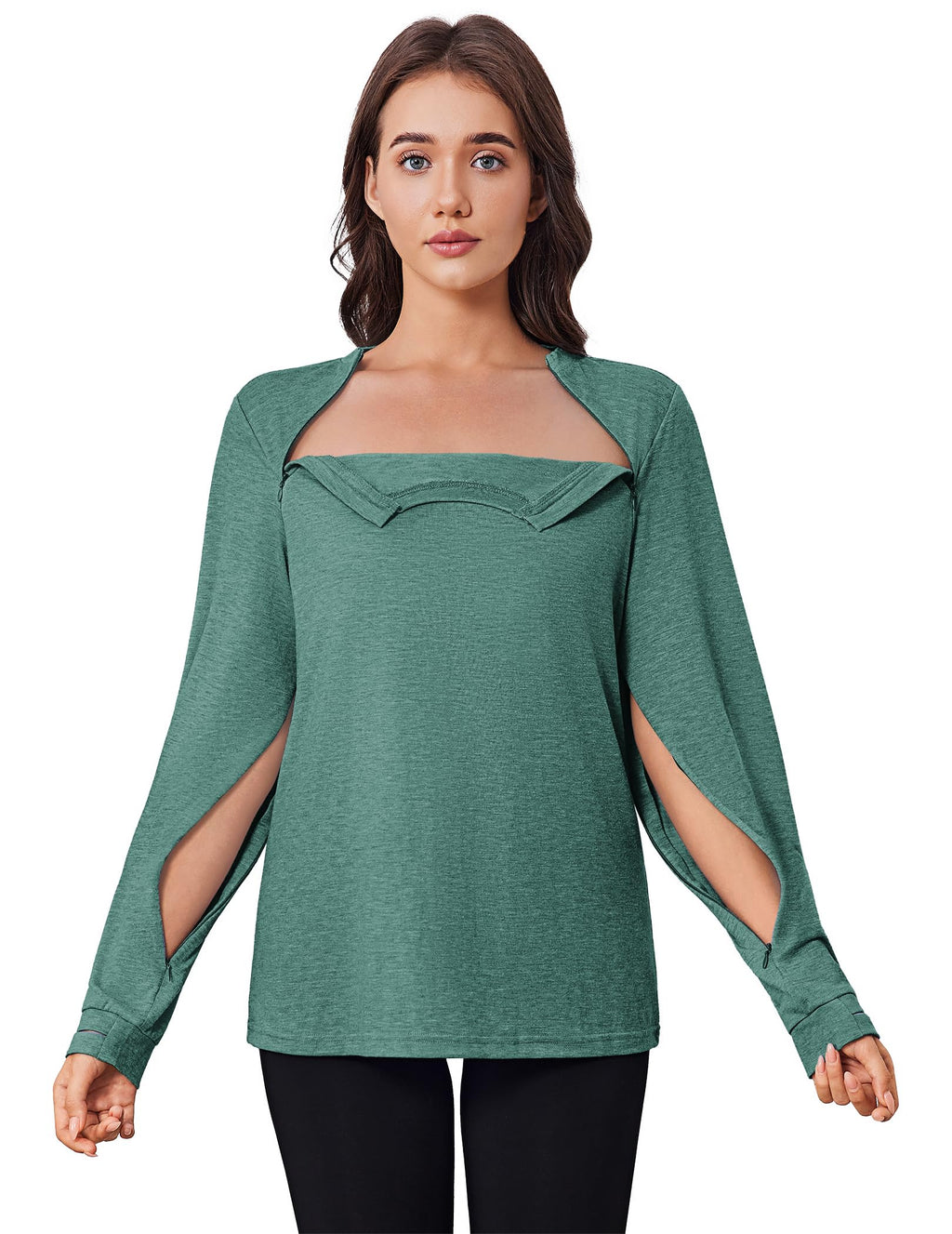 Deyeek Chemo Shirts for Port Access Women Long Sleeve Shoulder Post Surgery Shirt Dialysis Sweatshirts with Arm Zipper