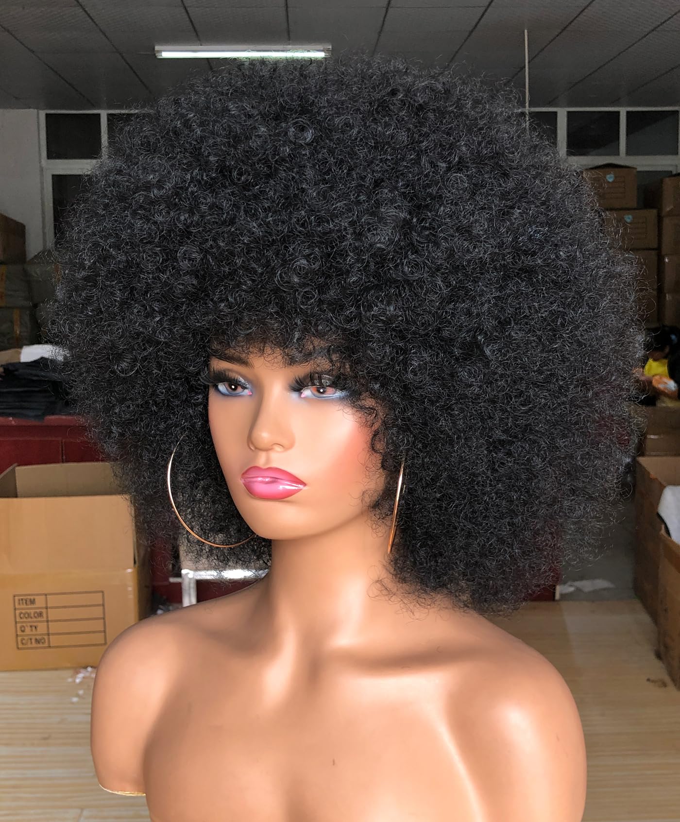 Curly Afro Wigs for Black Women Kinky Curly Wig with Bangs Synthetic Fiber Natural Looking Glueless Hair for Daily Wear
