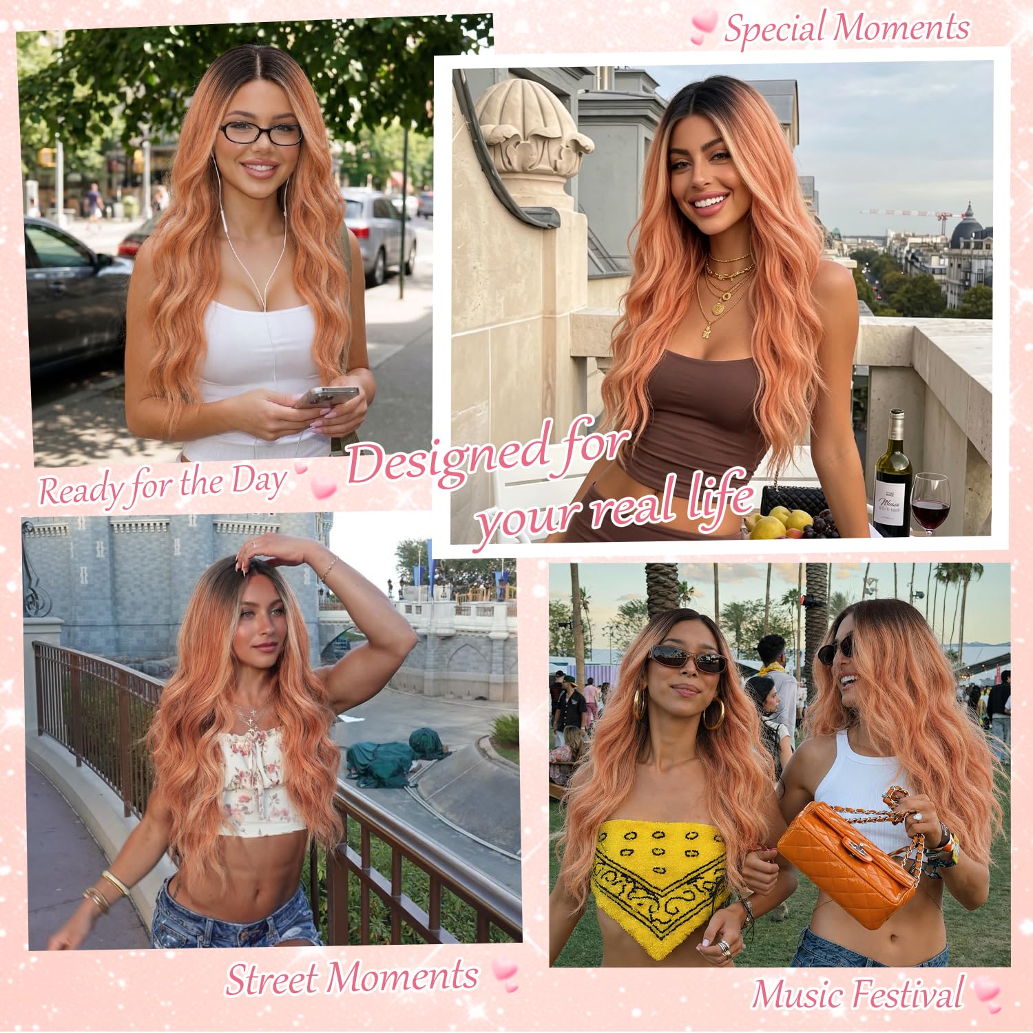 Nnzes Long Brown Mixed Blonde Wavy Wig 4x1 Lace Natural Hairline Middle Part Curly Heat-Resistant Synthetic Fiber for Women & Beginners Daily Party Use 26In
