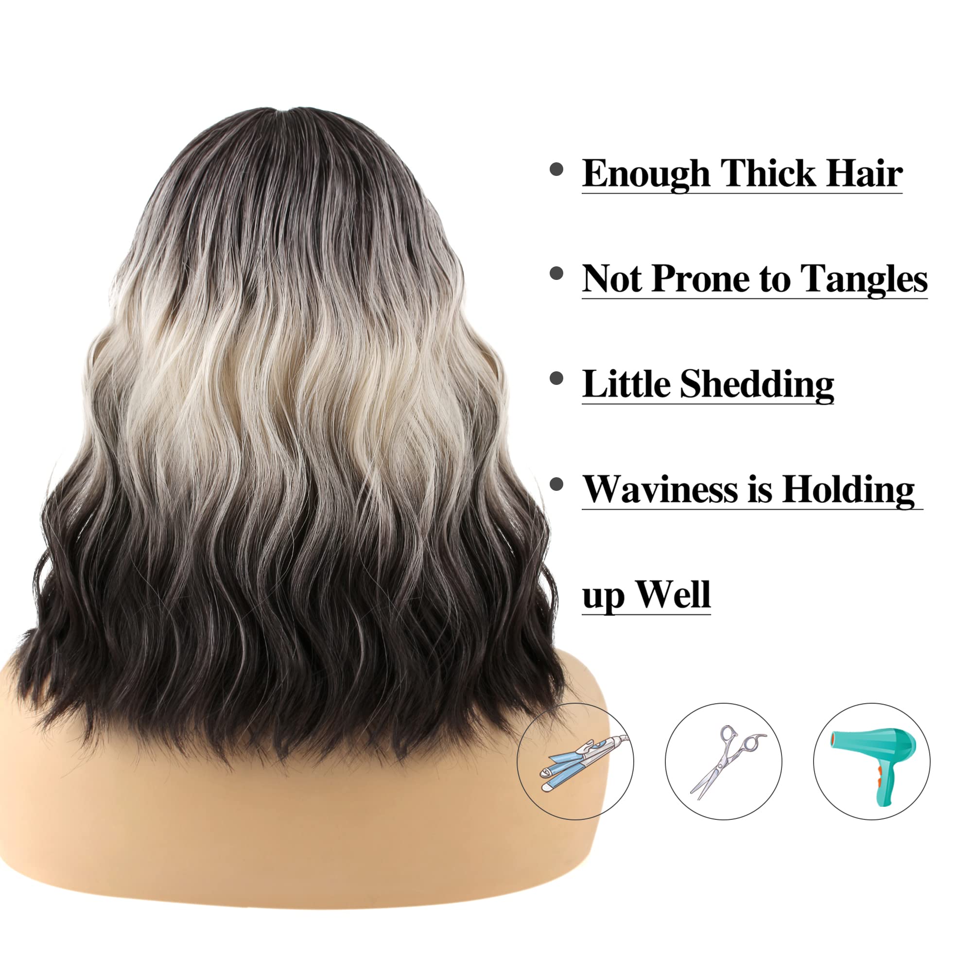 FAELBATY Blonde Wave Short Bob Wigs With Air Bangs Shoulder Length Wig For Women and Girls Curly Wavy Synthetic Cosplay Costume Wig (12" Mix blonde and gold)