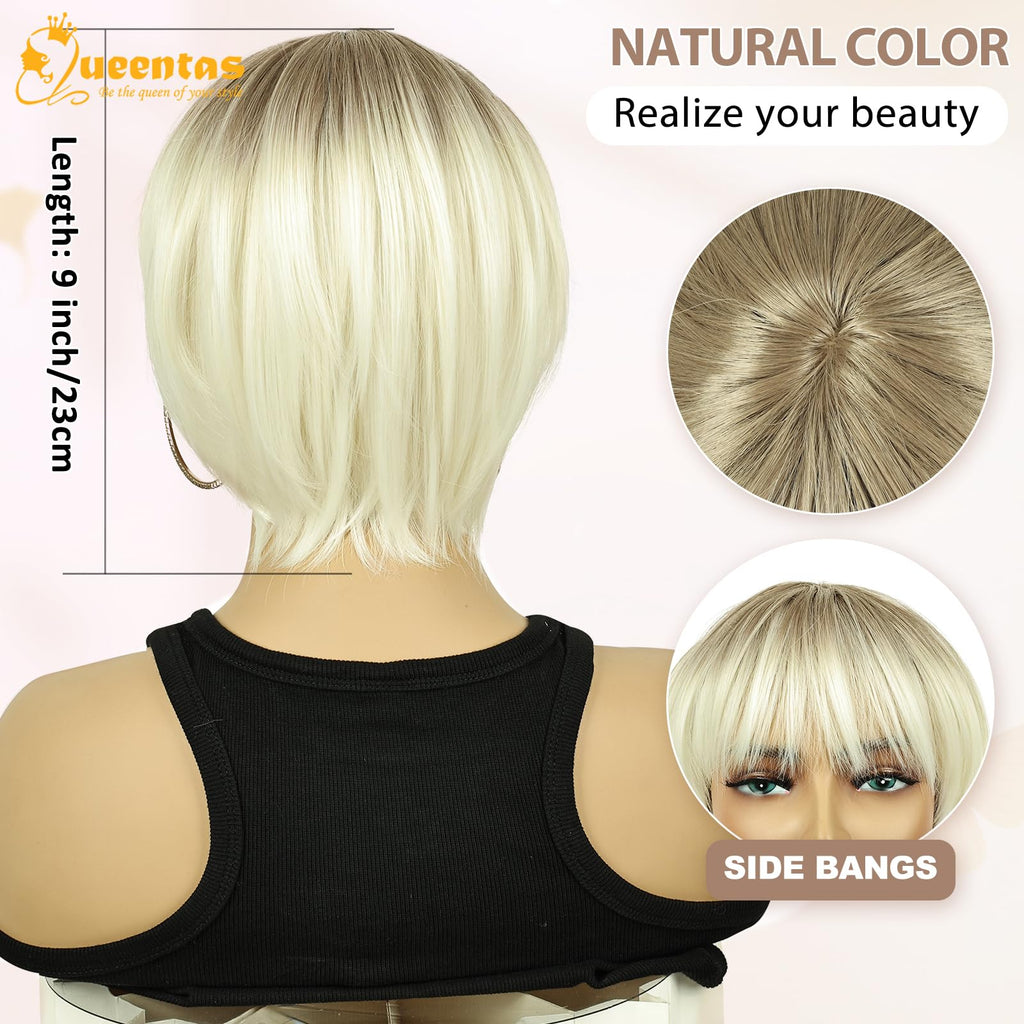 8" Layered Pixie Cut Synthetic Wig for Women Blonde Mixed Brown with Roots