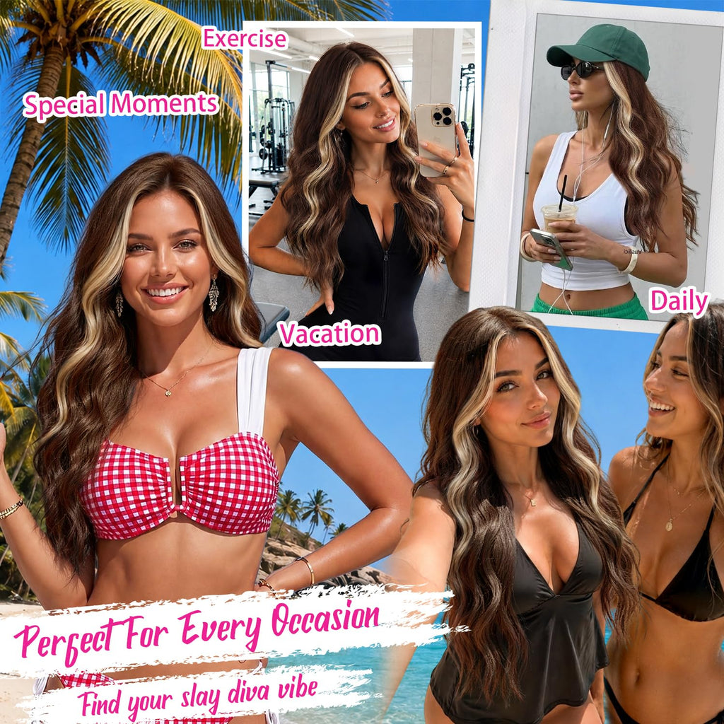 Nnzes Long Brown Mixed Blonde Wavy Wig 4x1 Lace Natural Hairline Middle Part Curly Heat-Resistant Synthetic Fiber for Women & Beginners Daily Party Use 26In