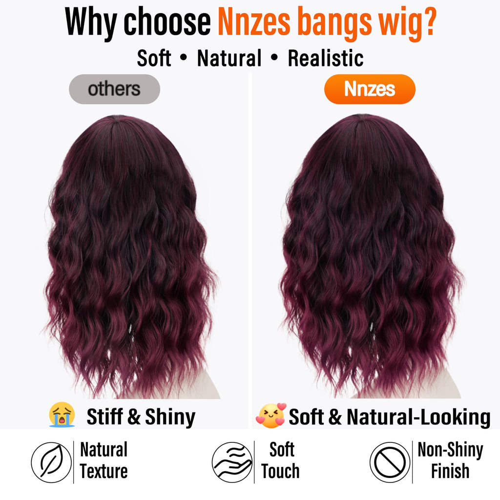 Nnzes Wig with Bangs for Women Shoulder Length Bob Wavy Women's Charming Synthetic Brown mixed Blonde Highlight Wigs with Natural Curly Heat Resistant Hair for Daily Party Use