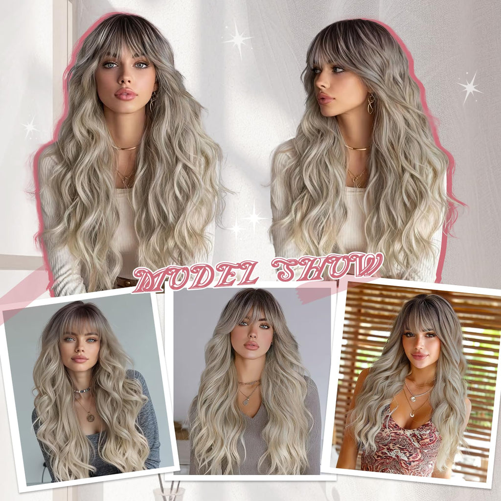 Lativ Ombre Blonde Brown Wig with Bangs Long Wavy Curly Wig with Brown End