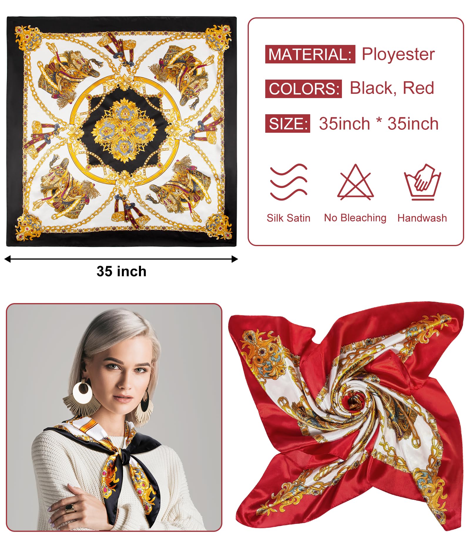 Senker Fashion 2Pcs 35" Silk Head Scarf for Women