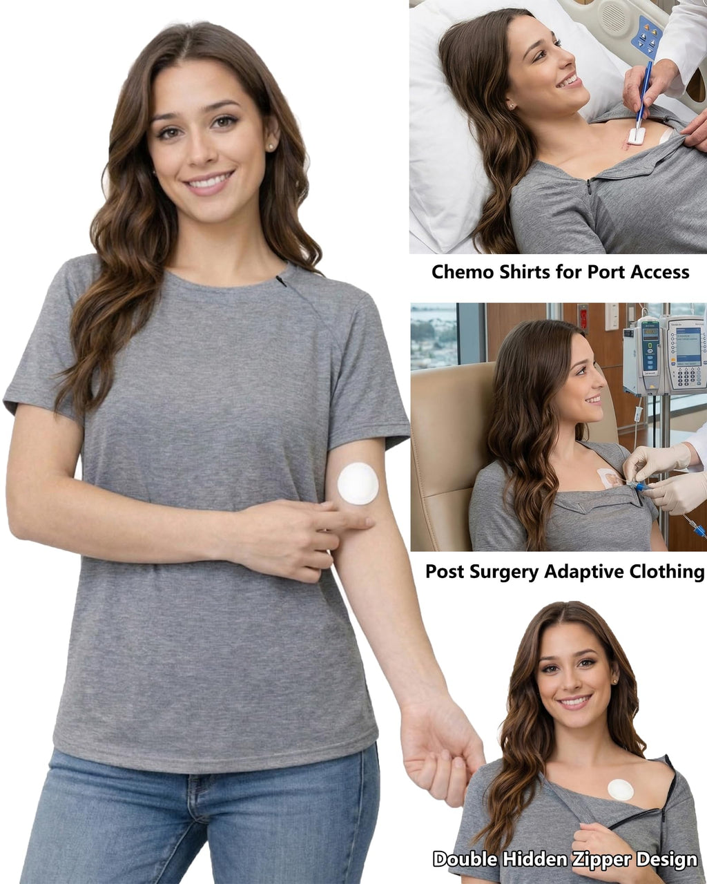 Youdiao Chemo Shirts for Port Access Women Post Shoulder Surgery Shirts with 2 Hidden Side Zippers Short Sleeve Tear Away Top