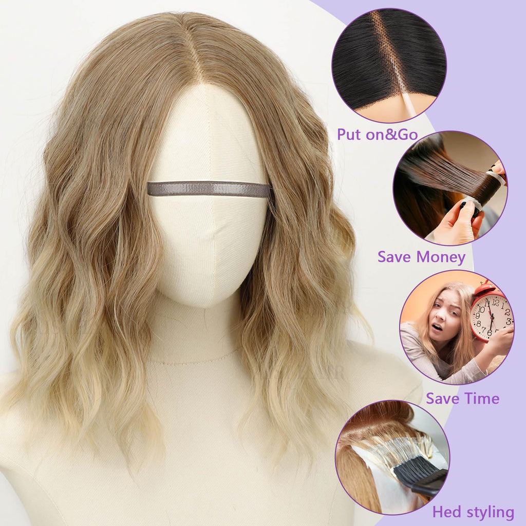 AISI HAIR 14Inch Dark to Light Blonde Wig for Women,Wave Synthetic Lace Wig