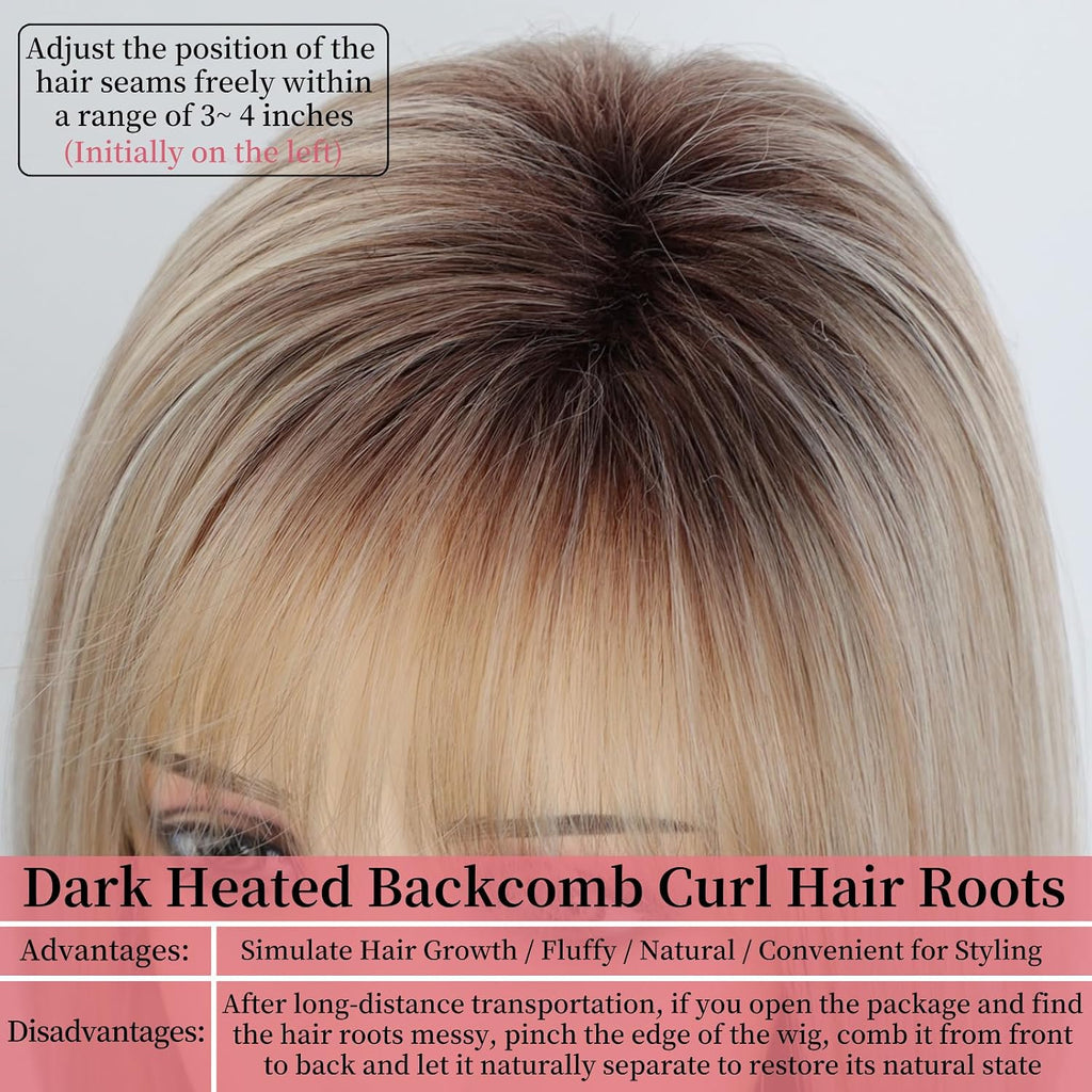 RENERSHOW Ombre Blonde Highlight Layered Bob Wig with Bangs for White Women