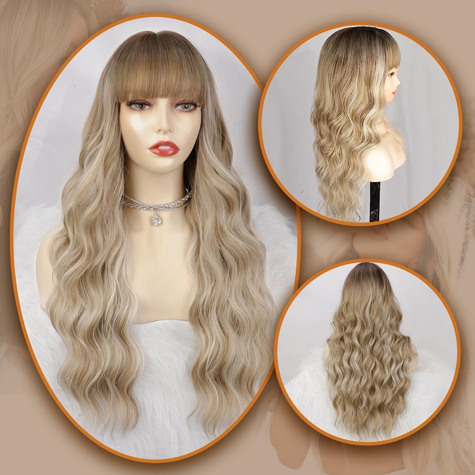 Lativ Ombre Blonde Brown Wig with Bangs Long Wavy Curly Wig with Brown End
