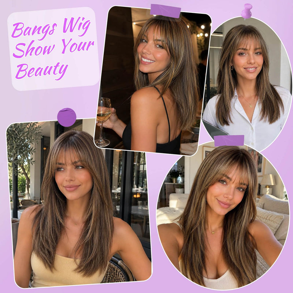 Eawwii Wig with Bangs for Women,Brown Blonde Synthetic 4x4 Scalp Wigs