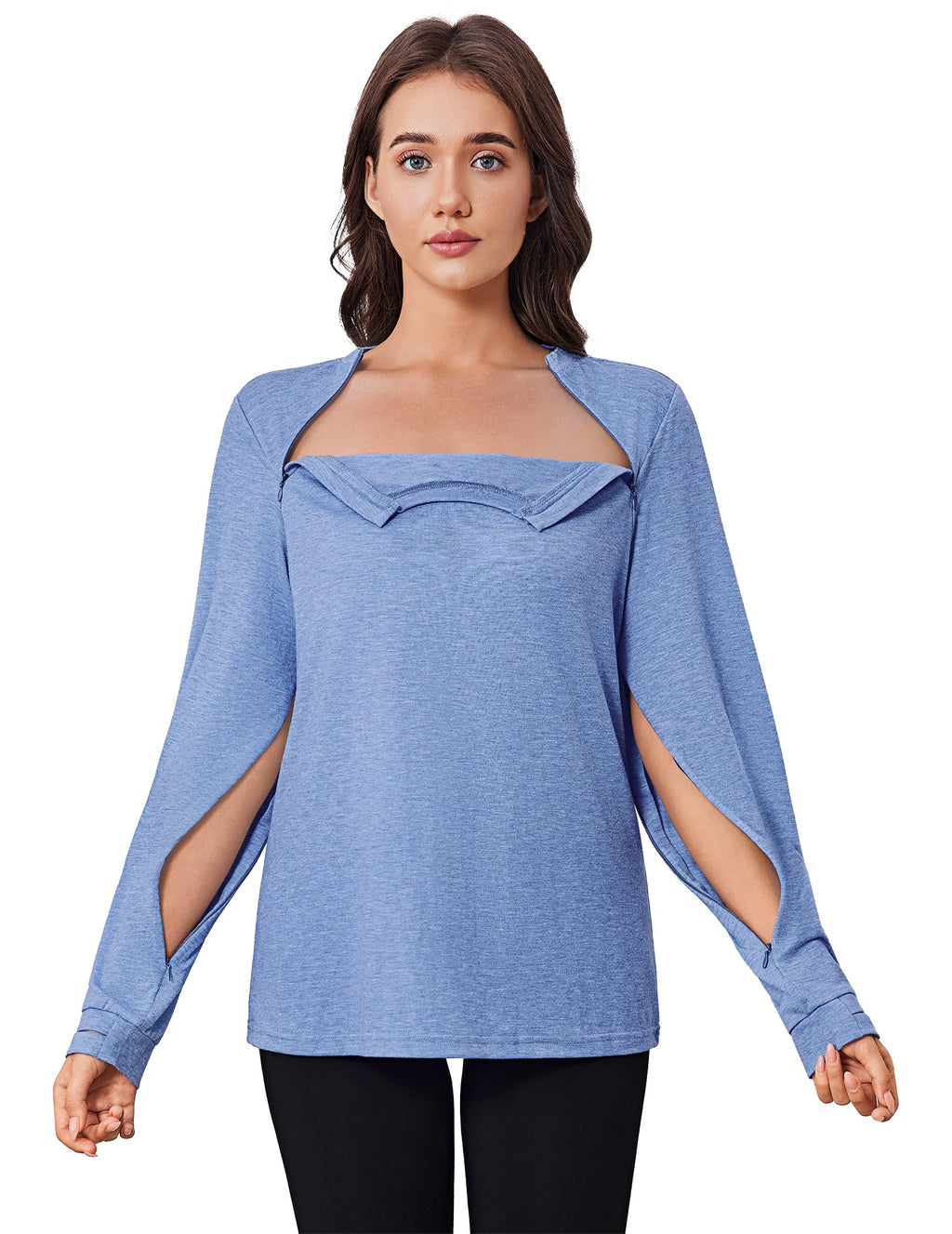 Deyeek Chemo Shirts for Port Access Women Long Sleeve Shoulder Post Surgery Shirt Dialysis Sweatshirts with Arm Zipper