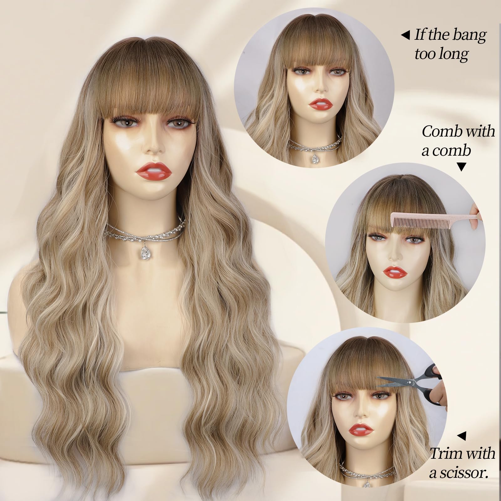 Lativ Ombre Blonde Brown Wig with Bangs Long Wavy Curly Wig with Brown End