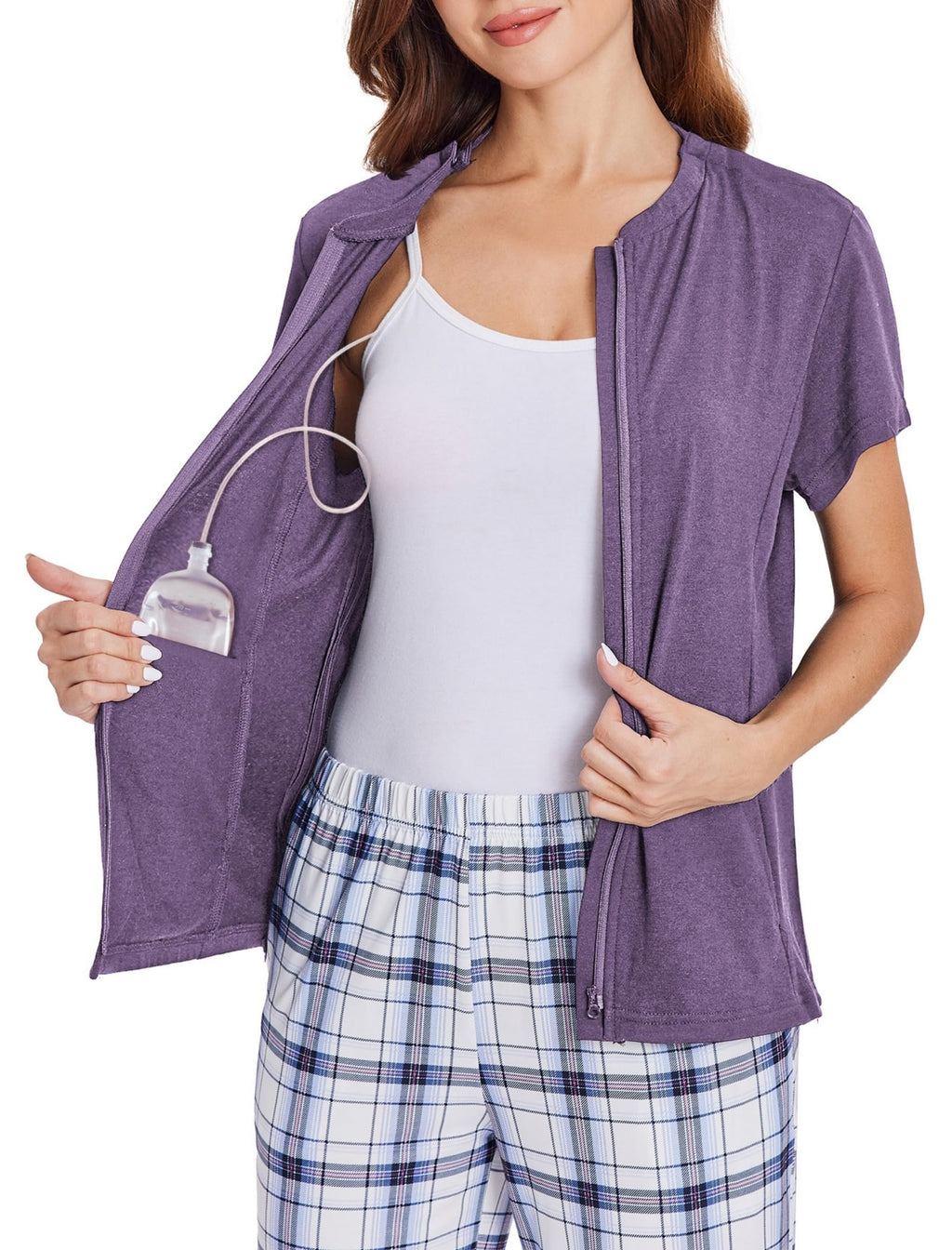 Deyeek Mastectomy Shirts with Drain Pockets Post Shoulder Surgery Tops for Women Chemo Port Short Sleeve with Zippers