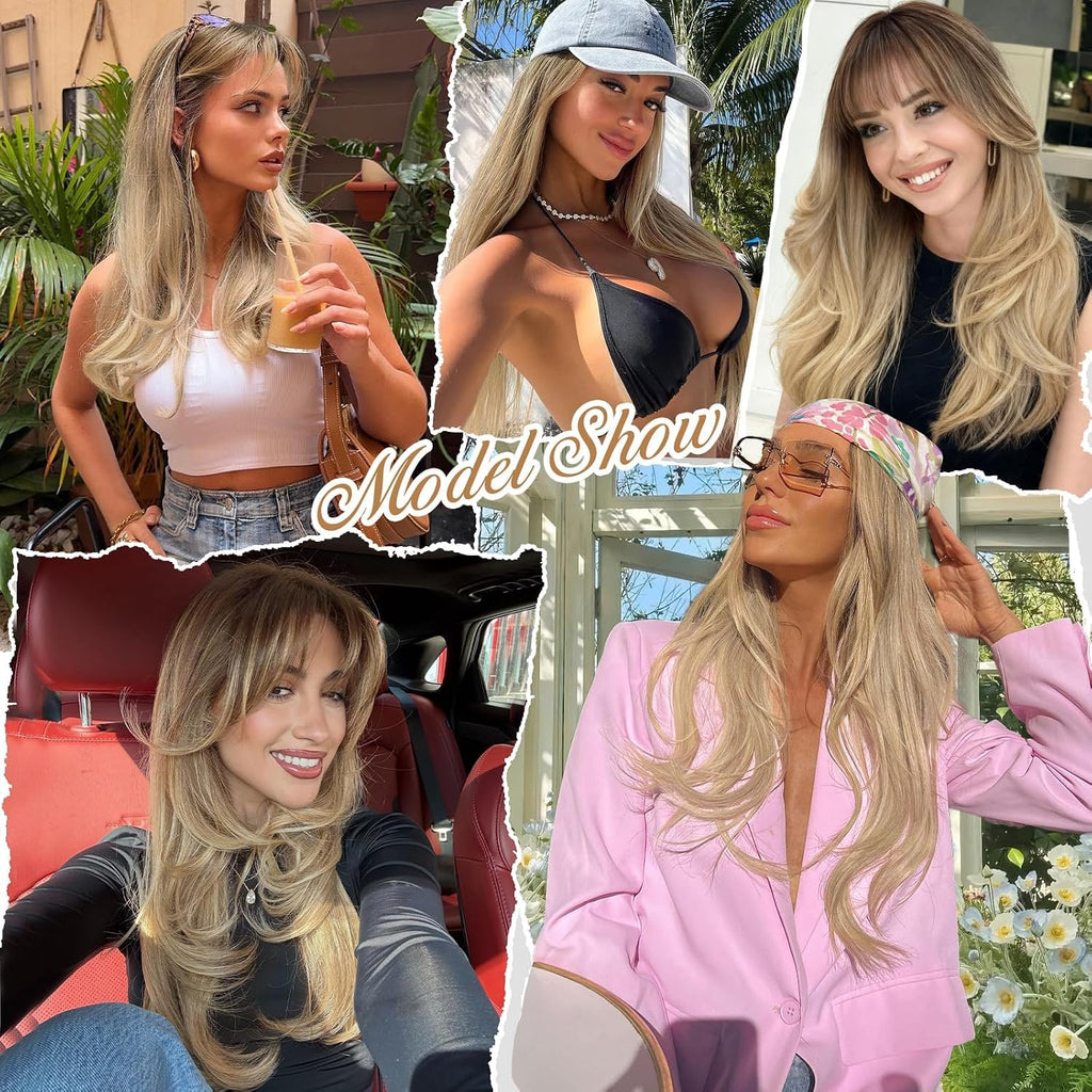 XIXIBI Wig with Bangs for Women,Long Straight,Brown Blonde Highlight