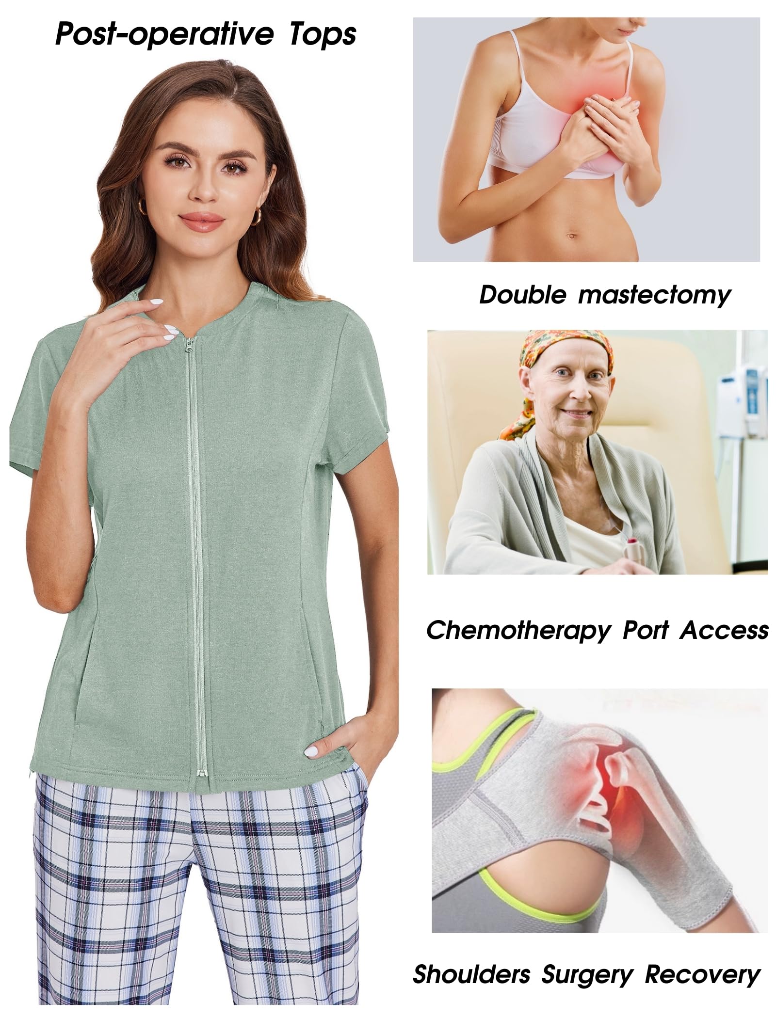 Deyeek Mastectomy Shirts with Drain Pockets Post Shoulder Surgery Tops for Women Chemo Port Short Sleeve with Zippers