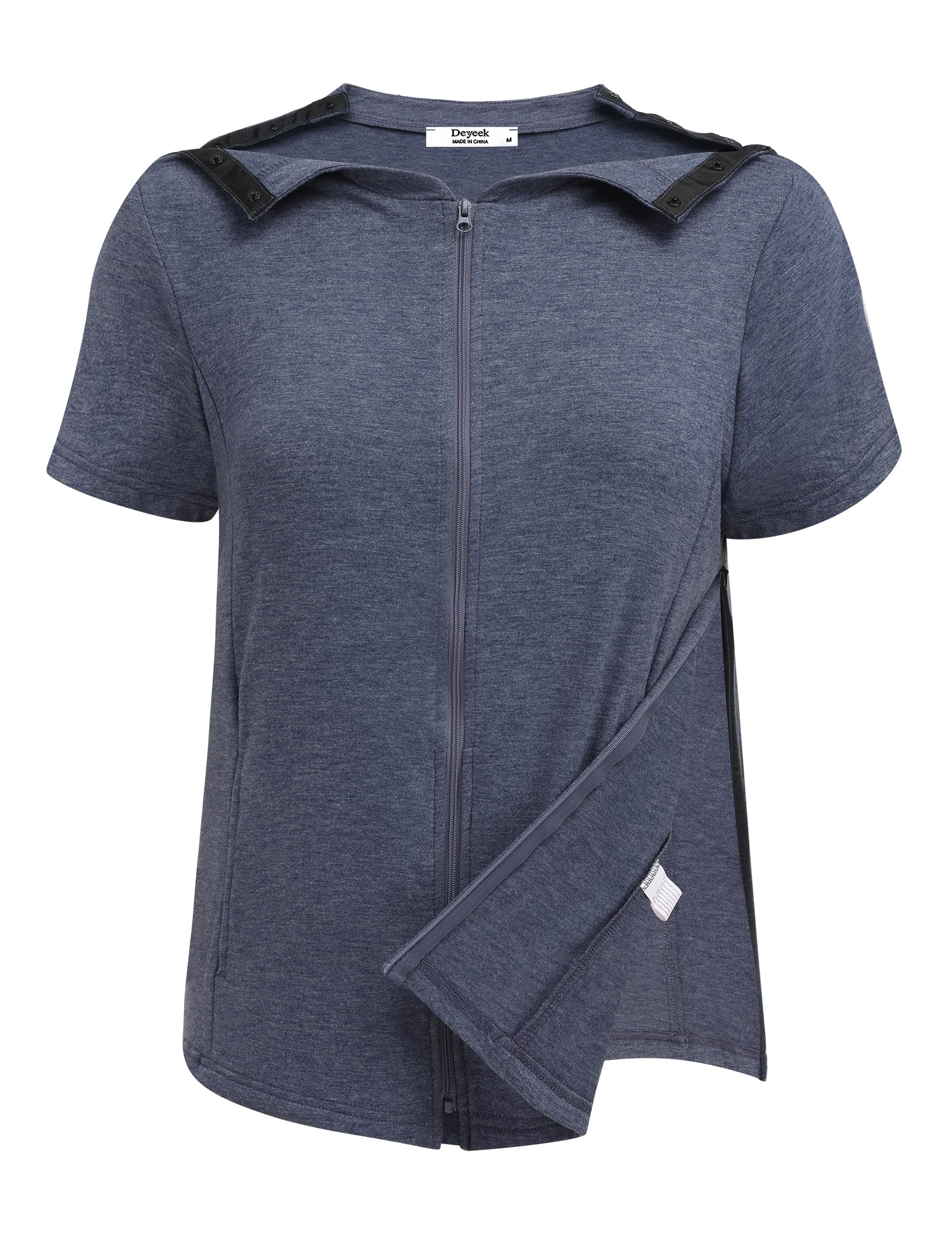 Deyeek Mastectomy Shirts with Drain Pockets Post Shoulder Surgery Tops for Women Chemo Port Short Sleeve with Zippers