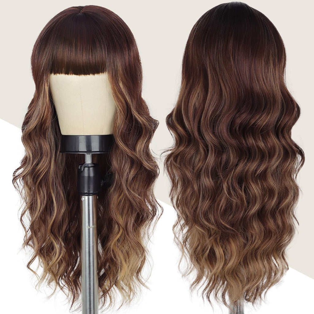 Lativ Ombre Blonde Brown Wig with Bangs Long Wavy Curly Wig with Brown End