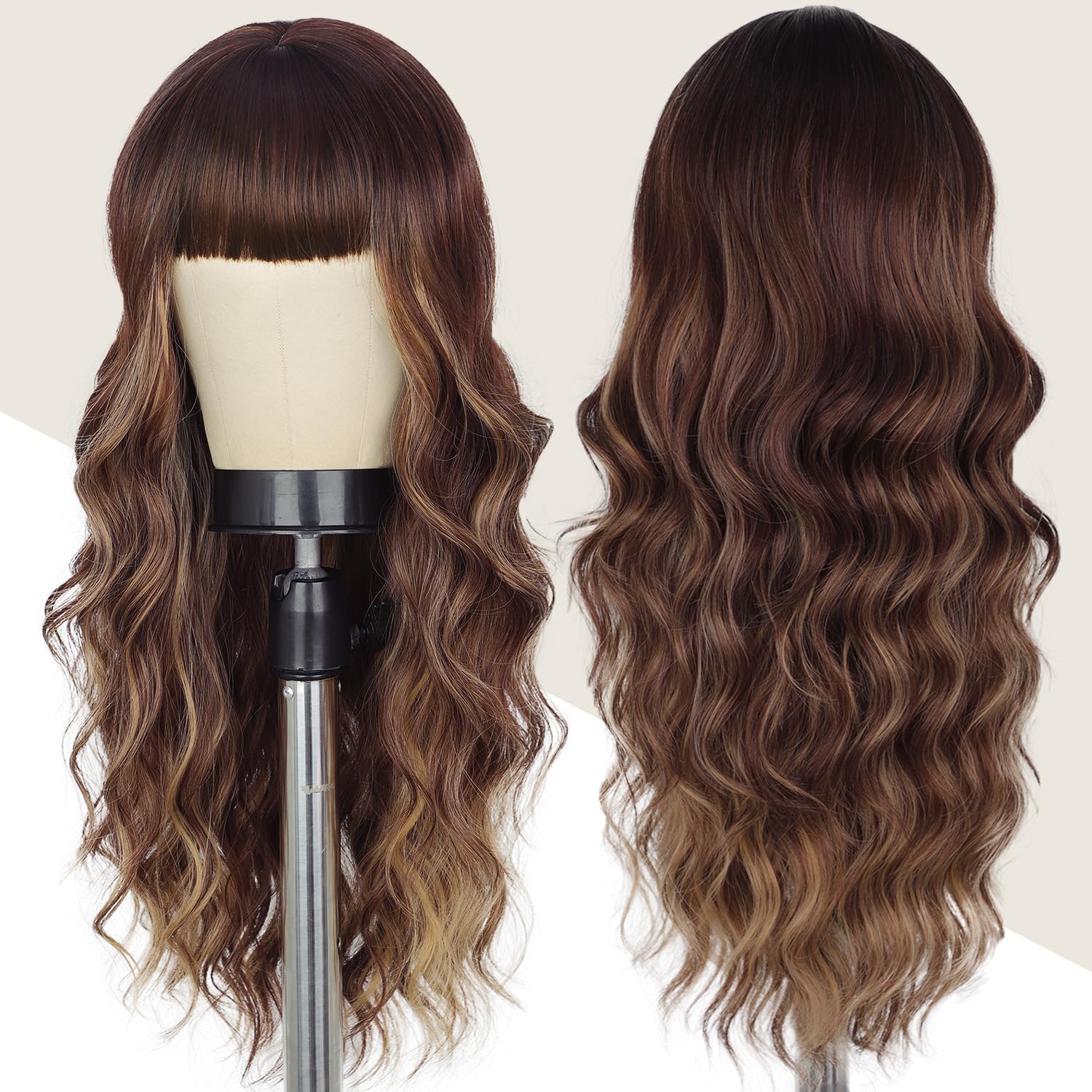Lativ Ombre Blonde Brown Wig with Bangs Long Wavy Curly Wig with Brown End