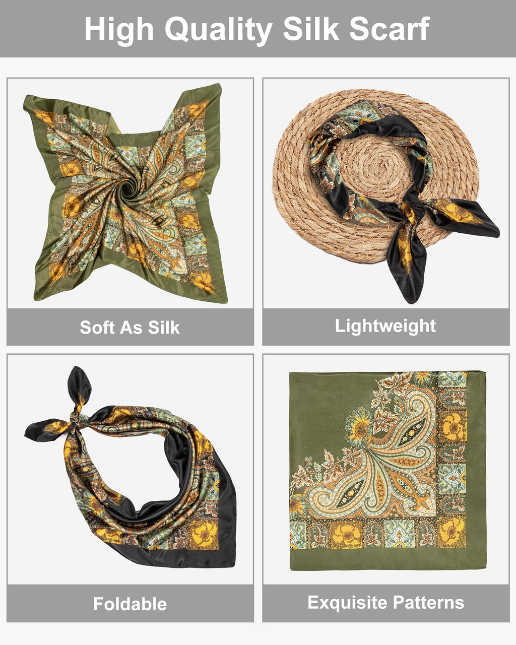 Senker Fashion 2Pcs 35" Silk Head Scarf for Women