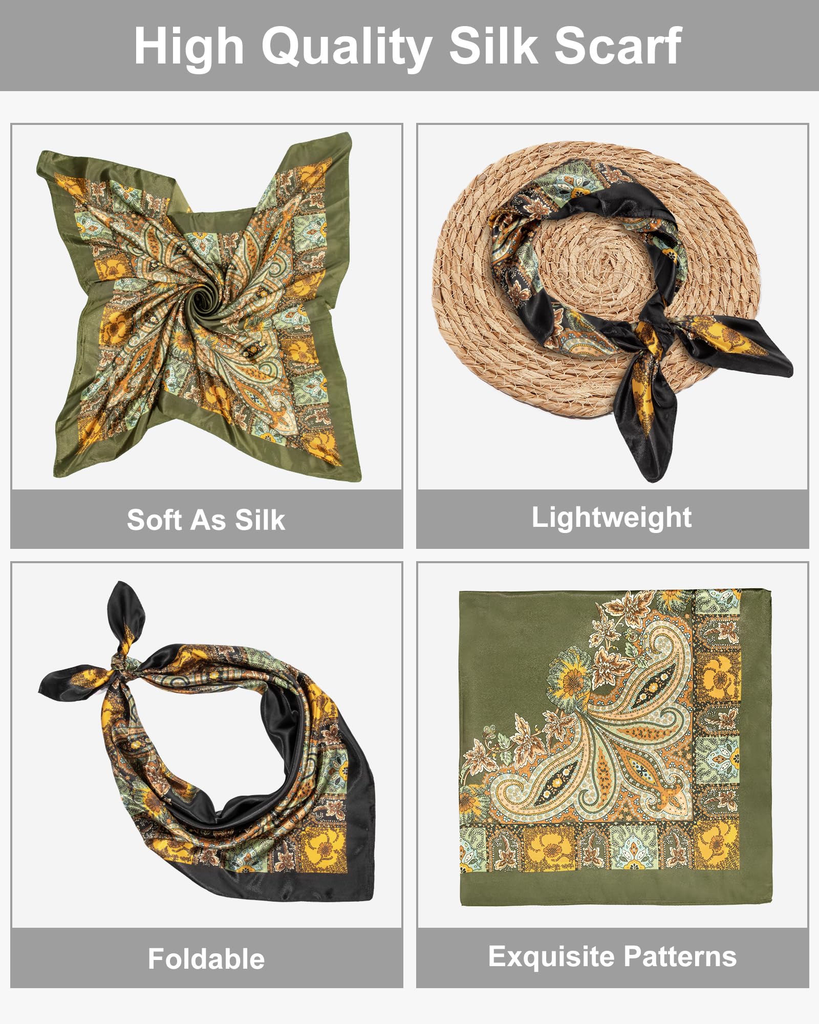 Senker Fashion 2Pcs 35" Silk Head Scarf for Women
