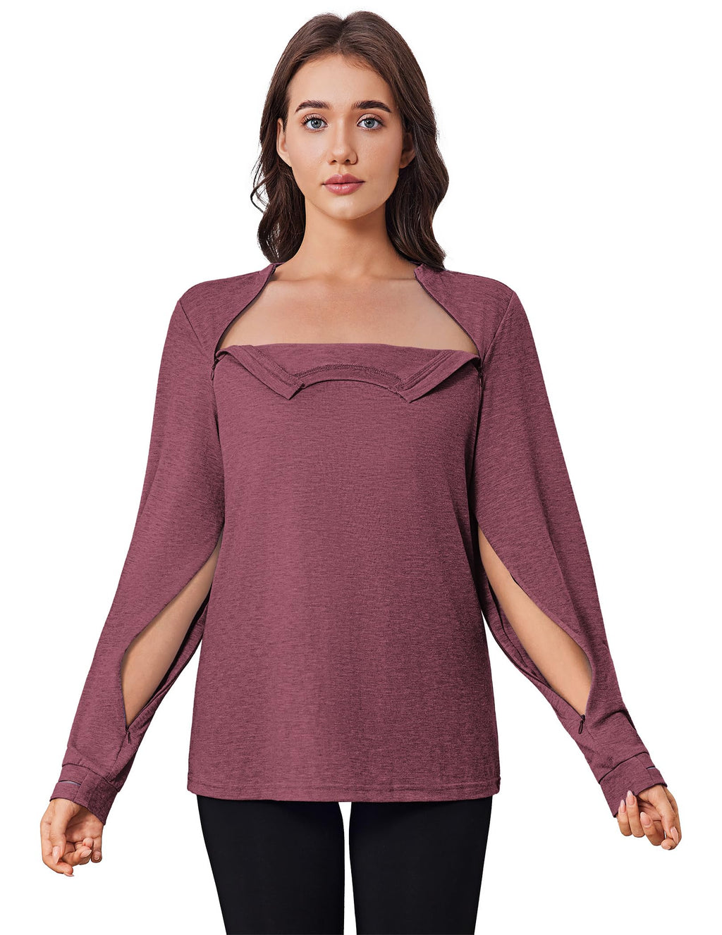 Deyeek Chemo Shirts for Port Access Women Long Sleeve Shoulder Post Surgery Shirt Dialysis Sweatshirts with Arm Zipper