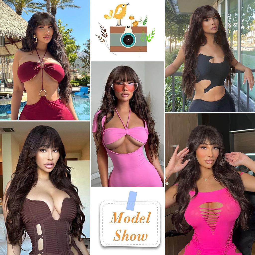 Lativ Ombre Blonde Brown Wig with Bangs Long Wavy Curly Wig with Brown End