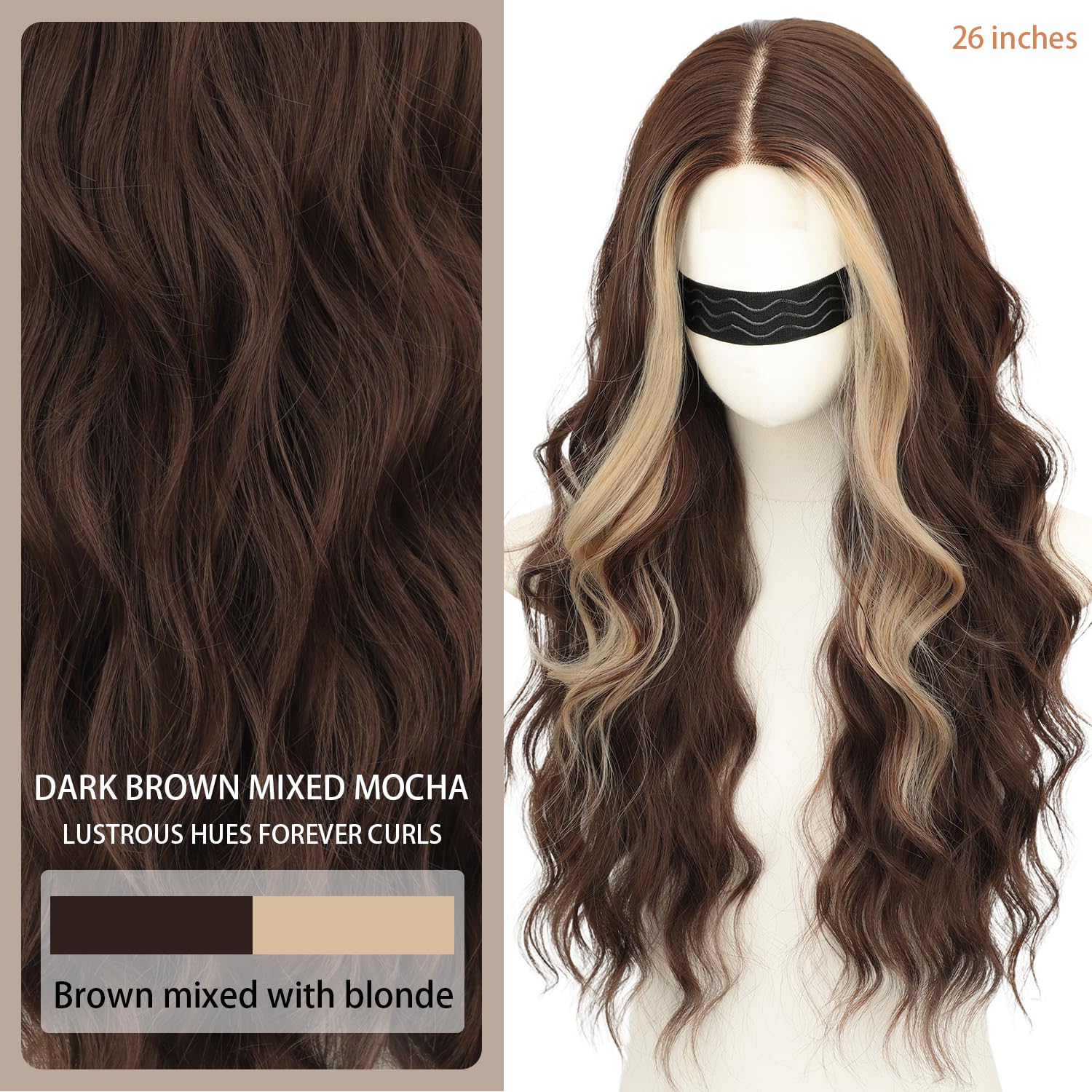 Nnzes Long Brown Mixed Blonde Wavy Wig 4x1 Lace Natural Hairline Middle Part Curly Heat-Resistant Synthetic Fiber for Women & Beginners Daily Party Use 26In
