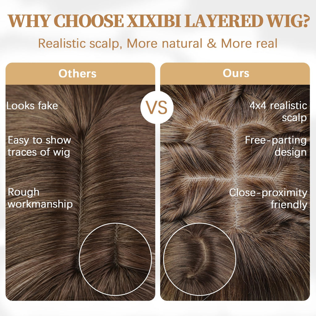 XIXIBI Wig with Bangs for Women,Long Straight,Brown Blonde Highlight