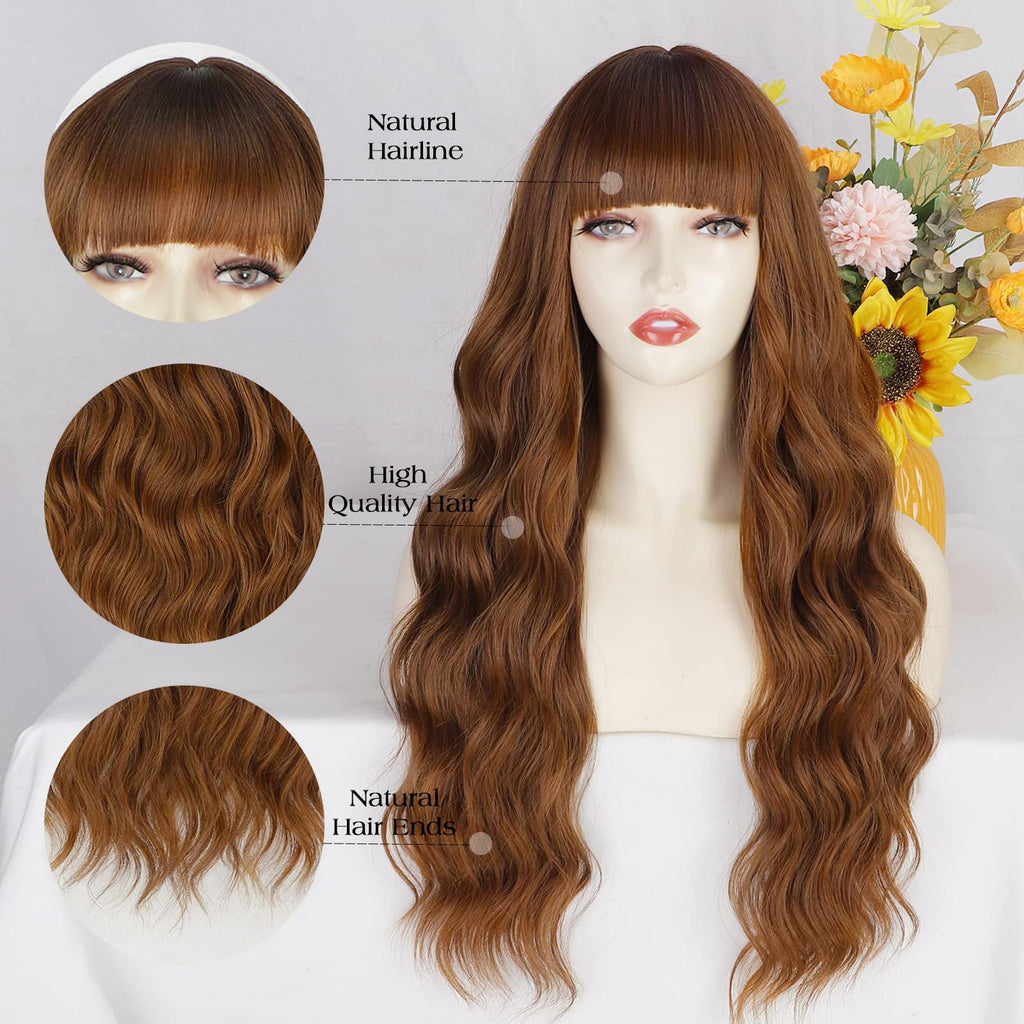 Lativ Ombre Blonde Brown Wig with Bangs Long Wavy Curly Wig with Brown End