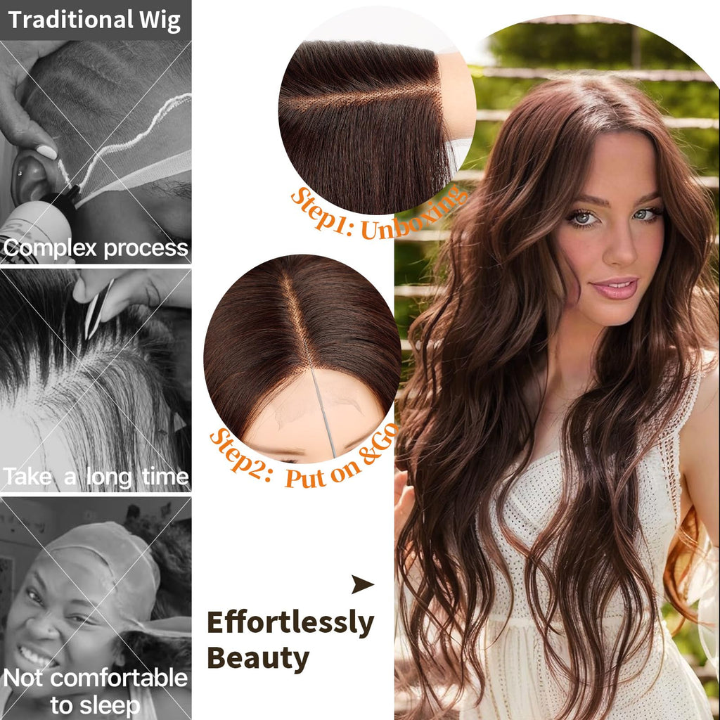 Nnzes Long Brown Mixed Blonde Wavy Wig 4x1 Lace Natural Hairline Middle Part Curly Heat-Resistant Synthetic Fiber for Women & Beginners Daily Party Use 26In
