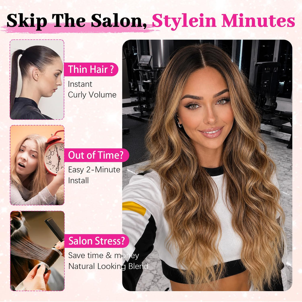 Nnzes Long Brown Mixed Blonde Wavy Wig 4x1 Lace Natural Hairline Middle Part Curly Heat-Resistant Synthetic Fiber for Women & Beginners Daily Party Use 26In