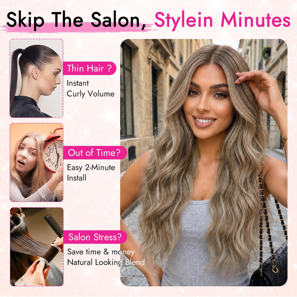 Nnzes Long Brown Mixed Blonde Wavy Wig 4x1 Lace Natural Hairline Middle Part Curly Heat-Resistant Synthetic Fiber for Women & Beginners Daily Party Use 26In