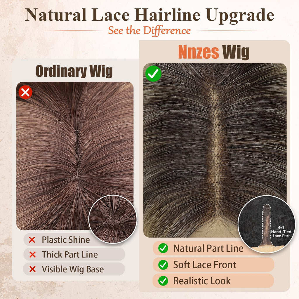 Nnzes Long Brown Mixed Blonde Wavy Wig 4x1 Lace Natural Hairline Middle Part Curly Heat-Resistant Synthetic Fiber for Women & Beginners Daily Party Use 26In