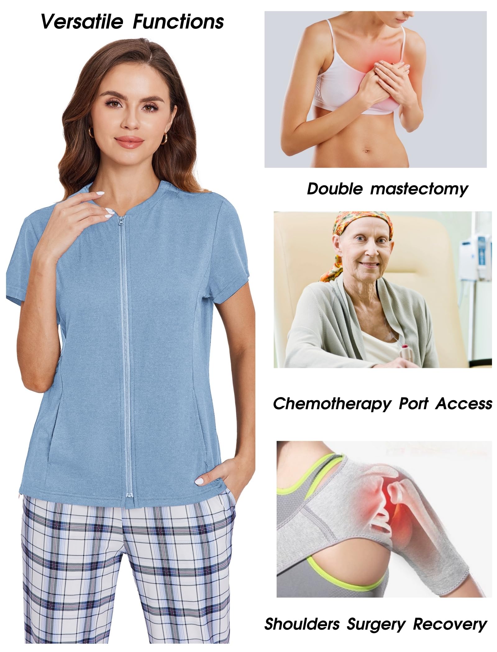Deyeek Mastectomy Shirts with Drain Pockets Post Shoulder Surgery Tops for Women Chemo Port Short Sleeve with Zippers