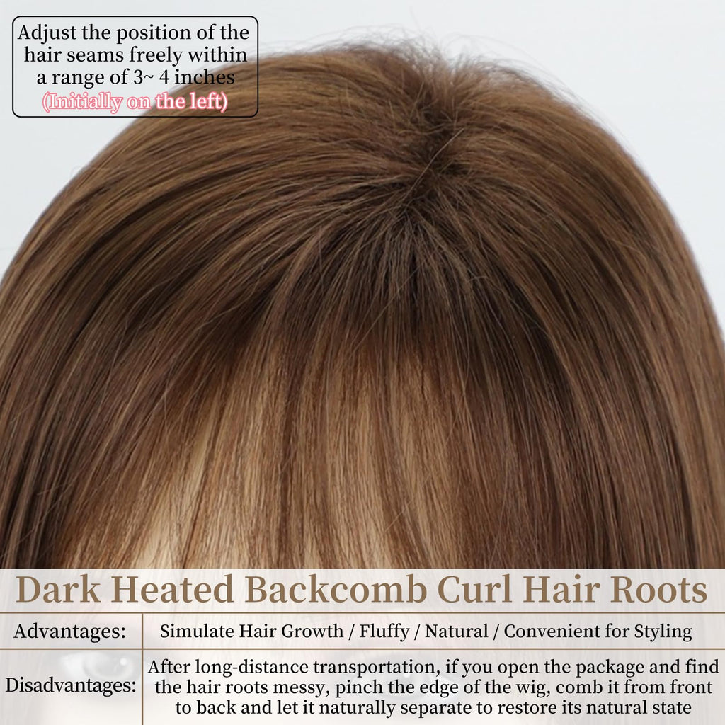 RENERSHOW Ombre Blonde Highlight Layered Bob Wig with Bangs for White Women