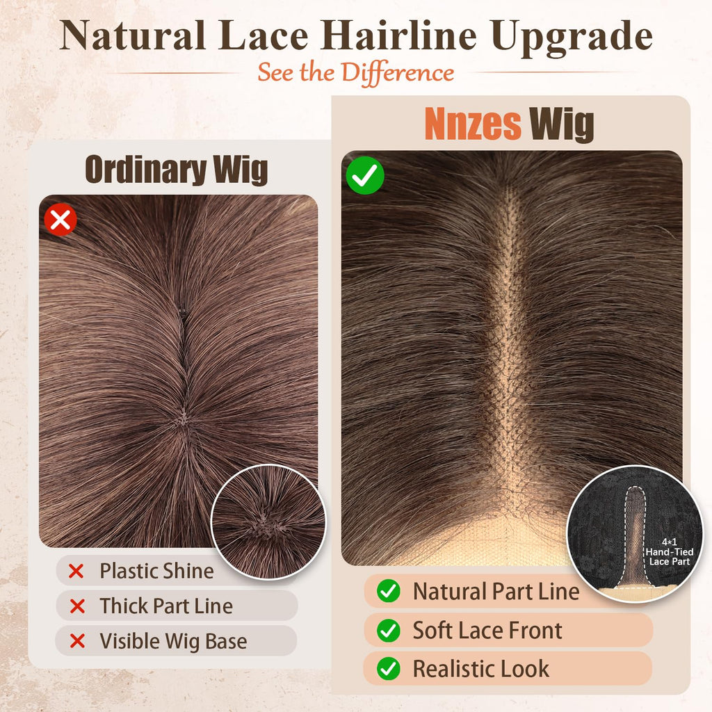 Nnzes Long Brown Mixed Blonde Wavy Wig 4x1 Lace Natural Hairline Middle Part Curly Heat-Resistant Synthetic Fiber for Women & Beginners Daily Party Use 26In
