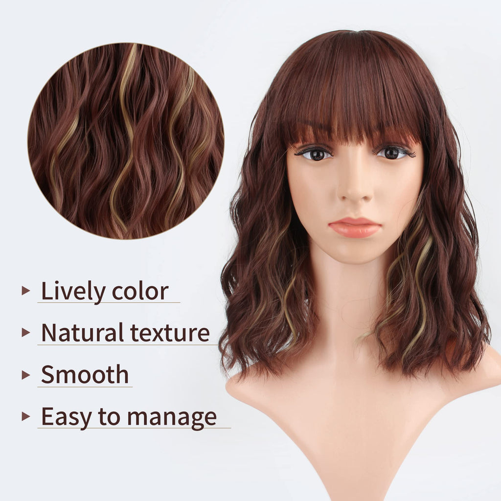 FAELBATY Blonde Wave Short Bob Wigs With Air Bangs Shoulder Length Wig For Women and Girls Curly Wavy Synthetic Cosplay Costume Wig (12" Mix blonde and gold)