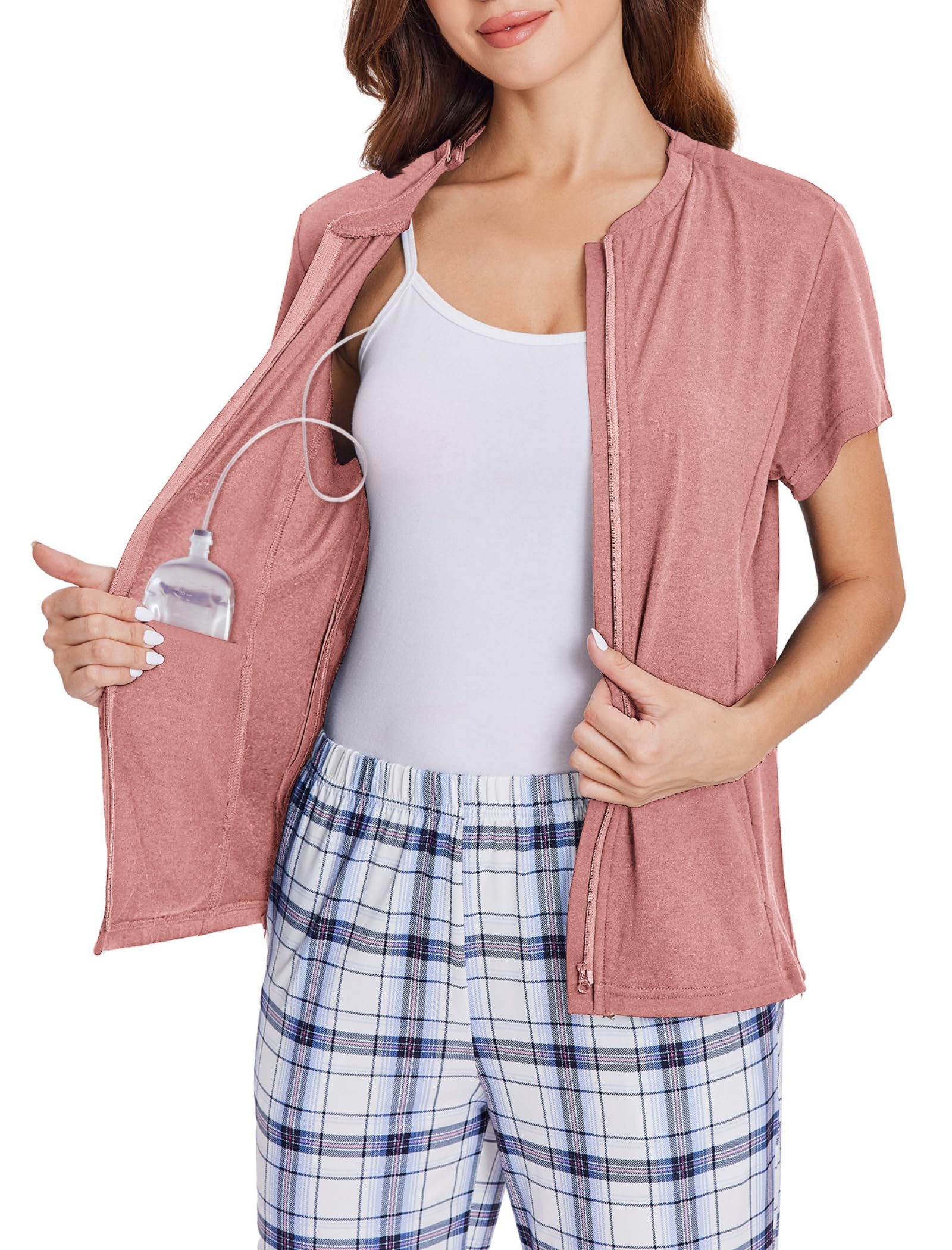 Deyeek Mastectomy Shirts with Drain Pockets Post Shoulder Surgery Tops for Women Chemo Port Short Sleeve with Zippers