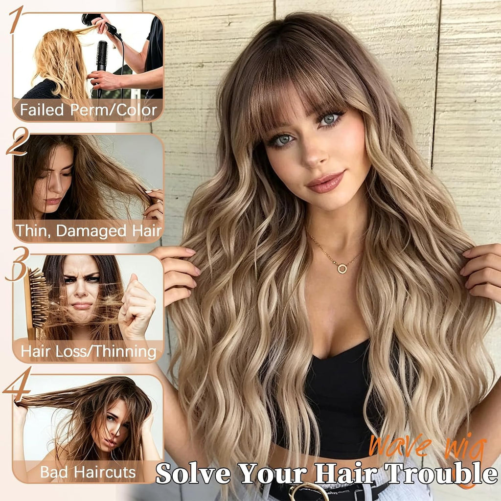 Lativ Ombre Blonde Brown Wig with Bangs Long Wavy Curly Wig with Brown End