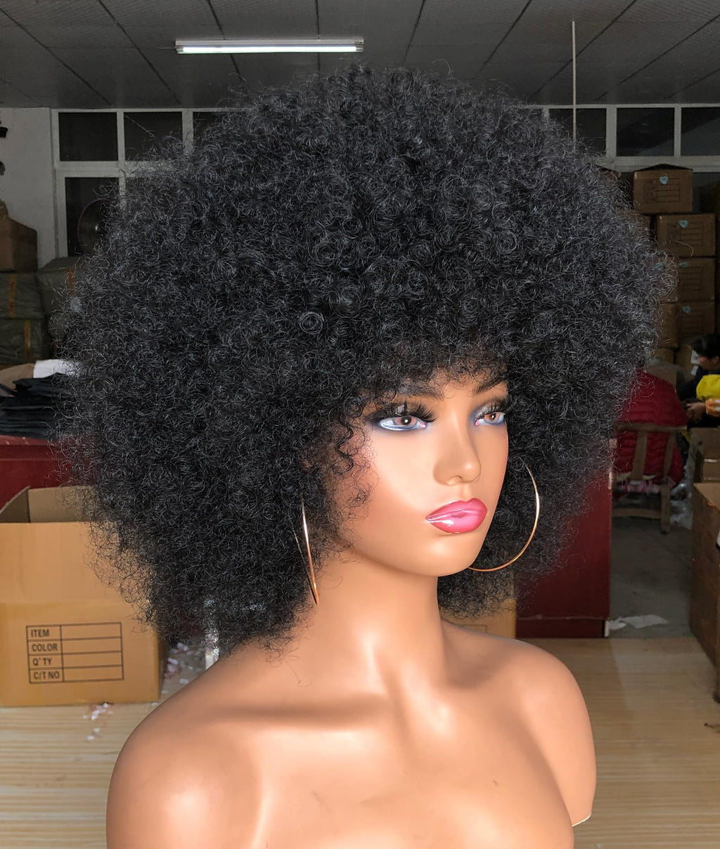 Curly Afro Wigs for Black Women Kinky Curly Wig with Bangs Synthetic Fiber Natural Looking Glueless Hair for Daily Wear