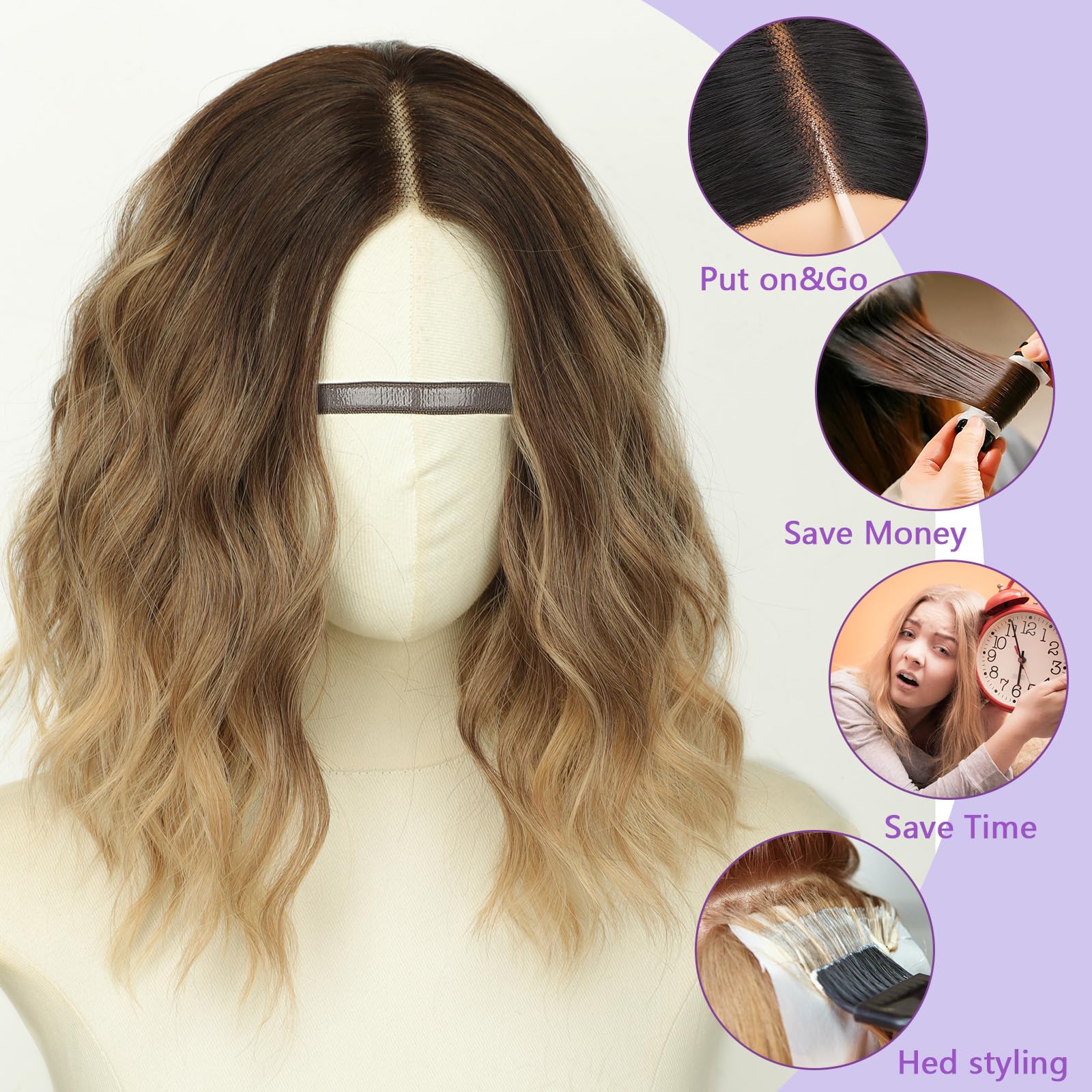 AISI HAIR 14Inch Dark to Light Blonde Wig for Women,Wave Synthetic Lace Wig
