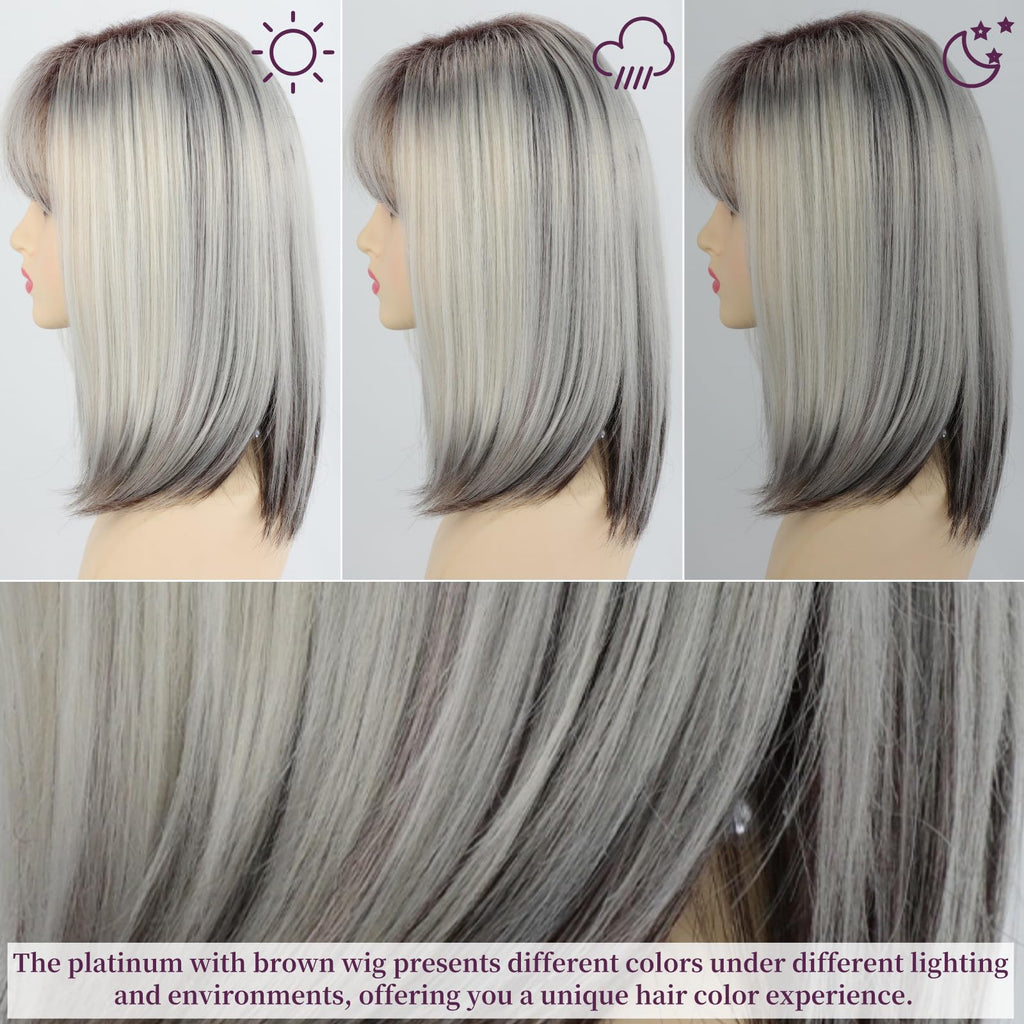 RENERSHOW Ombre Blonde Highlight Layered Bob Wig with Bangs for White Women