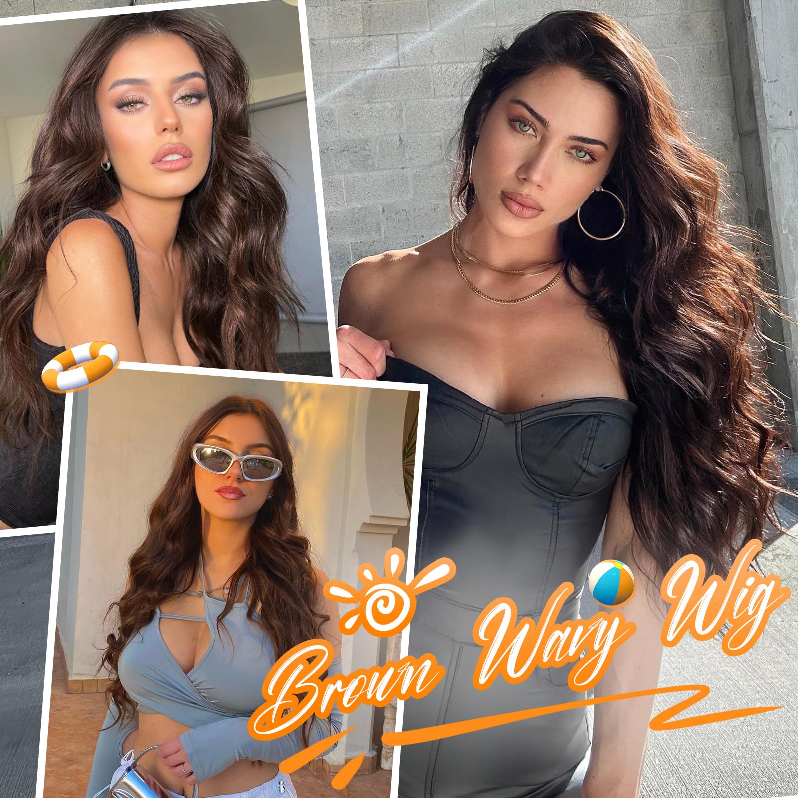 Nnzes Long Brown Mixed Blonde Wavy Wig 4x1 Lace Natural Hairline Middle Part Curly Heat-Resistant Synthetic Fiber for Women & Beginners Daily Party Use 26In