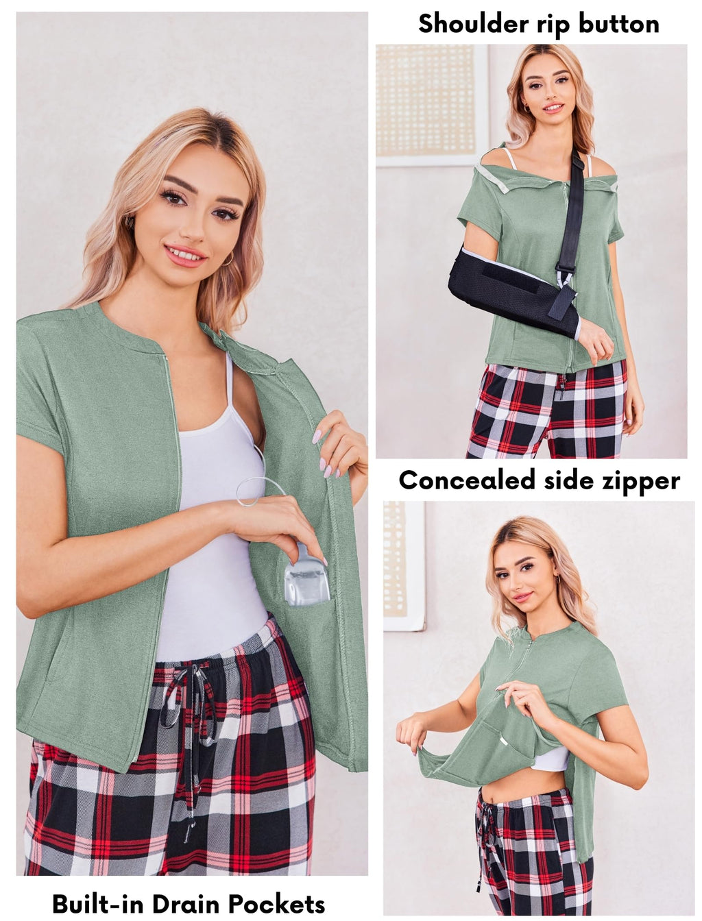 Deyeek Mastectomy Shirts with Drain Pockets Post Shoulder Surgery Tops for Women Chemo Port Short Sleeve with Zippers