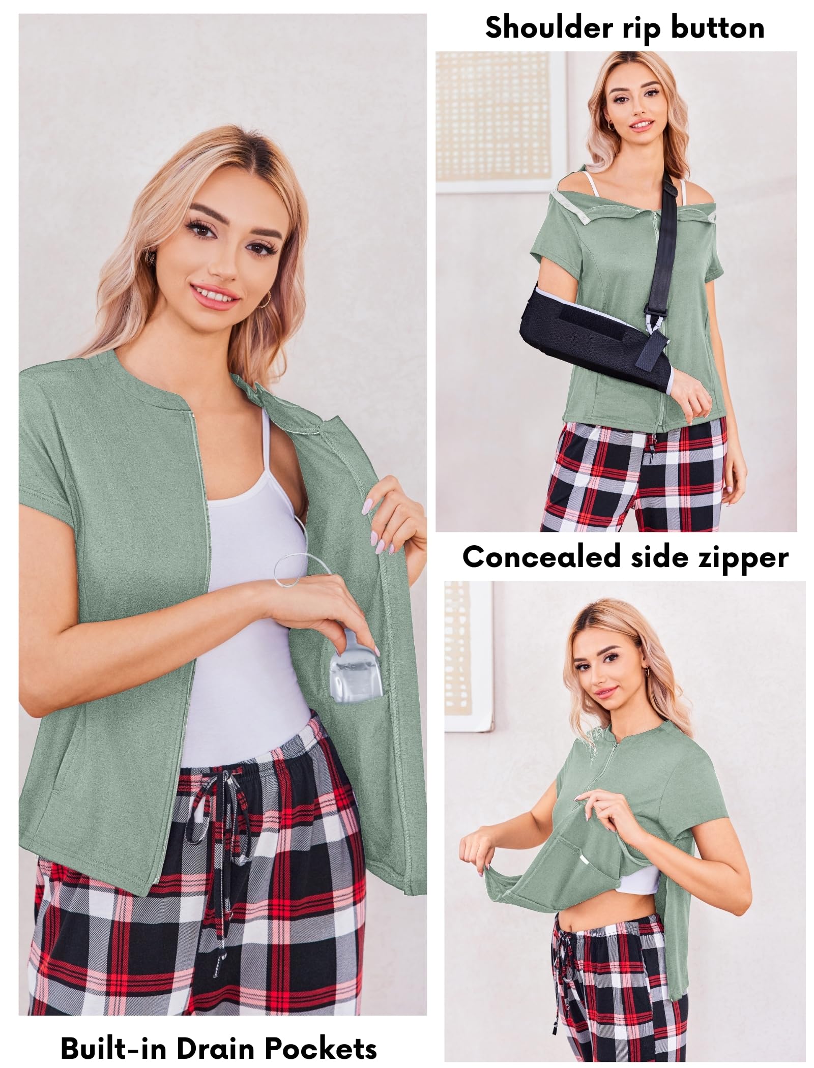 Deyeek Mastectomy Shirts with Drain Pockets Post Shoulder Surgery Tops for Women Chemo Port Short Sleeve with Zippers