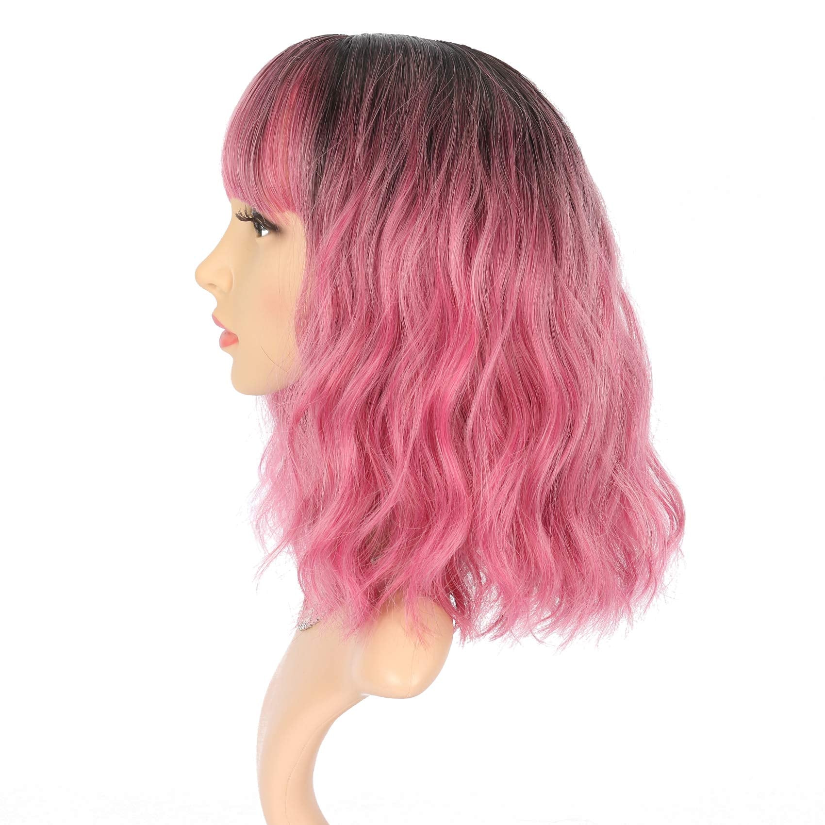 FAELBATY Blonde Wave Short Bob Wigs With Air Bangs Shoulder Length Wig For Women and Girls Curly Wavy Synthetic Cosplay Costume Wig (12" Mix blonde and gold)