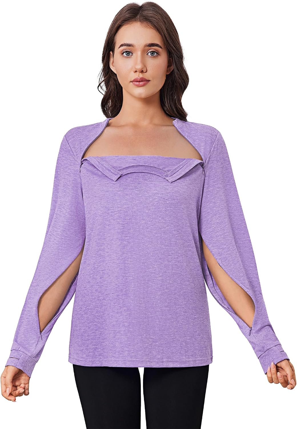 Deyeek Chemo Shirts for Port Access Women Long Sleeve Shoulder Post Surgery Shirt Dialysis Sweatshirts with Arm Zipper